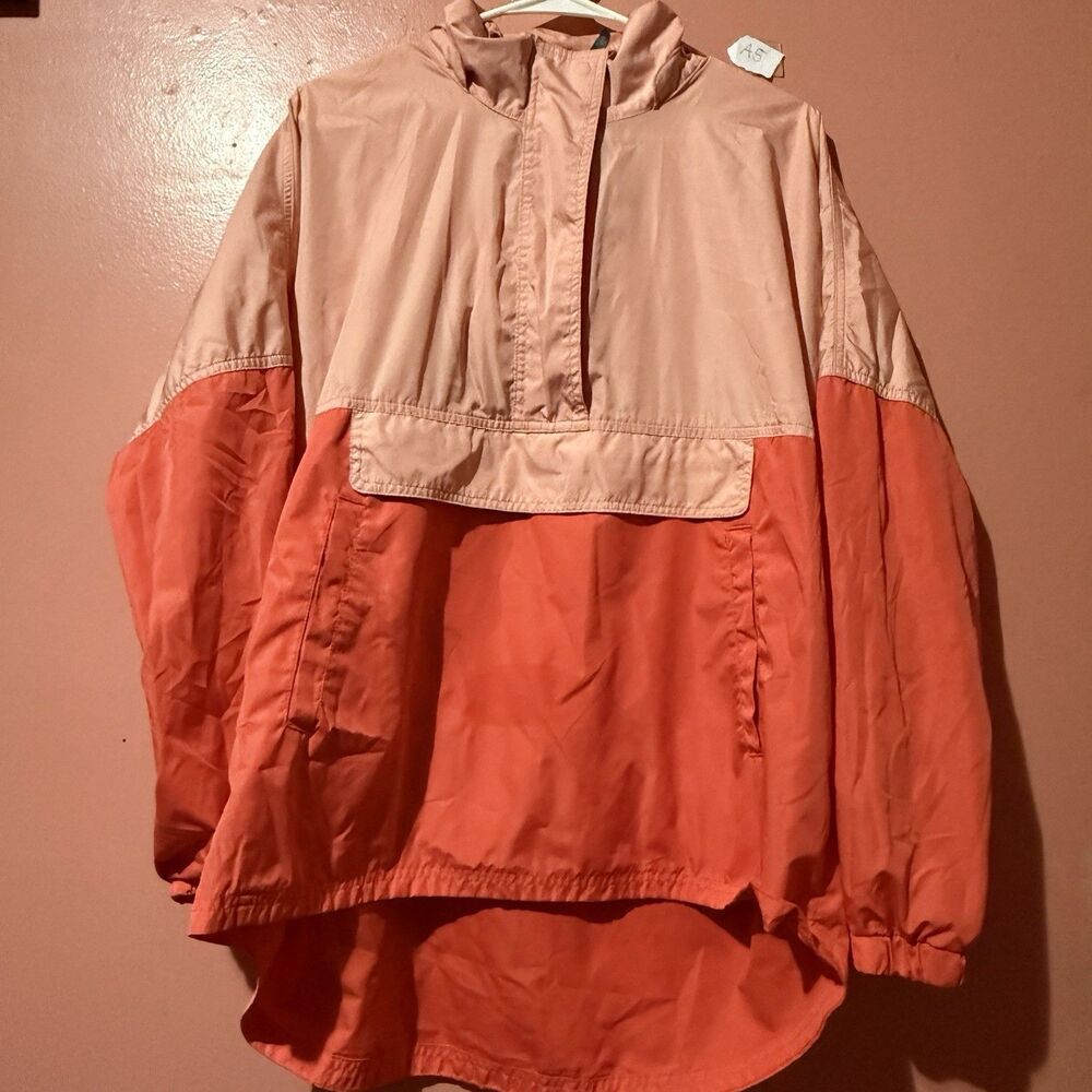 Lauren James Womens Rain Jacket L Large Orange Pullover Pockets Hooded Zip